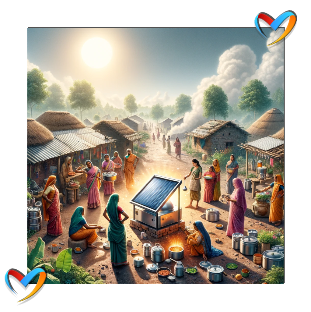 The image illustrates Women cooking with solar energy