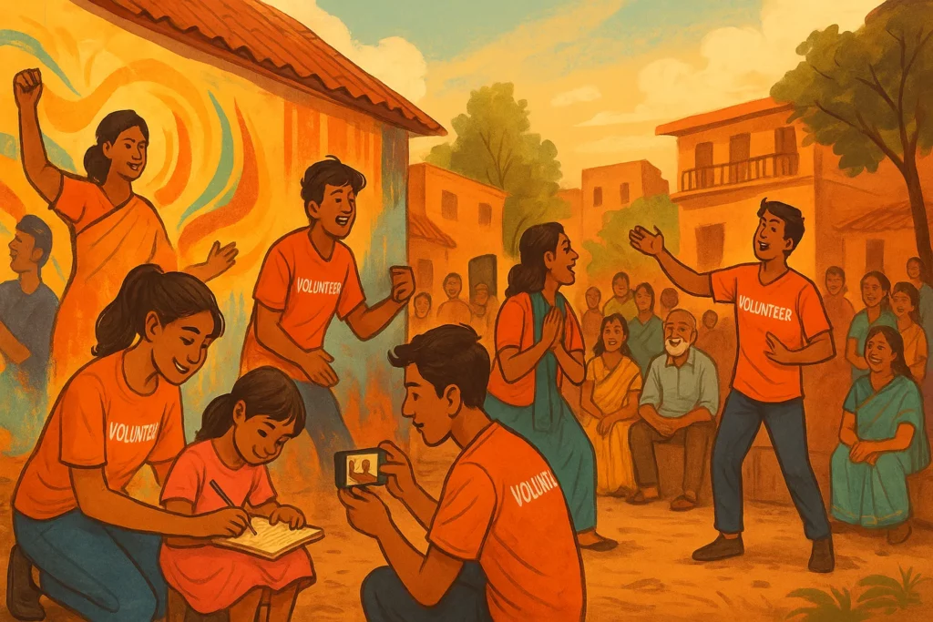 Volunteers in an Indian village painting murals, performing street theatre, and helping children write, showcasing cultural initiatives for social change.