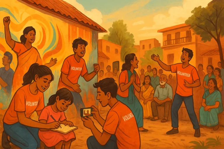 Volunteers in an Indian village painting murals, performing street theatre, and helping children write, showcasing cultural initiatives for social change.