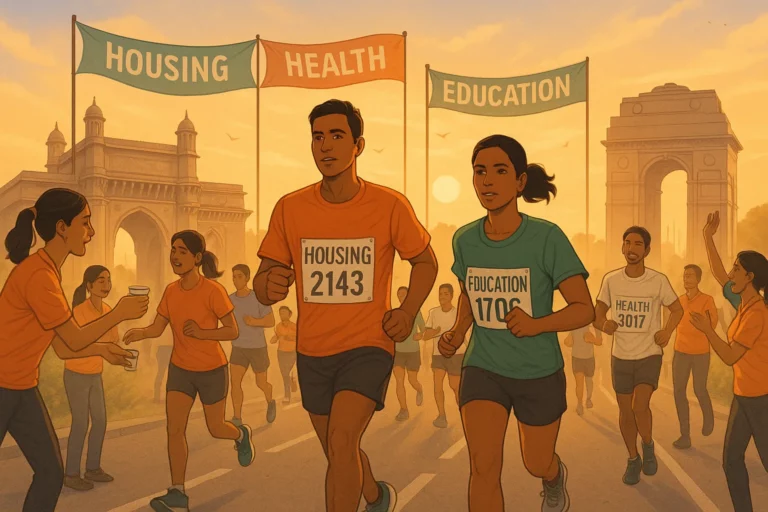 Charity marathon in India with runners representing housing, education, and health causes, set against iconic landmarks and volunteers supporting the race.