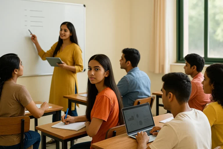 Young Indian volunteers in a training session, seated in a classroom with notebooks and laptops, guided by a female instructor using a whiteboard and tablet.